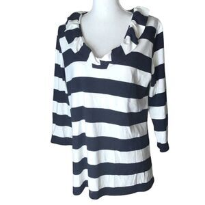 Duffield Lane Wm’s Sz L Ruffled Neck 3/4 Sleeve Blue Stripe V Neck Tunic Shirt